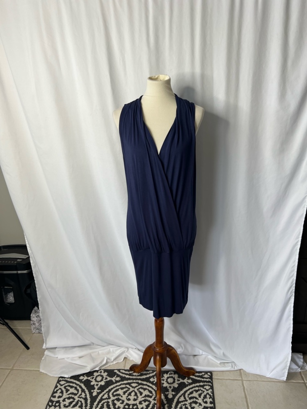 LASCANA for VENUS Navy Sleeveless V Neck Dress | Draped Dress | Size 10
